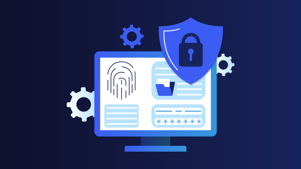 On a dark blue gradient background, a desktop monitor displays security visuals—a fingerprint scan icon, a folder with document lines, and a password field masked by asterisks. A large blue shield bearing a padlock overlaps the screen, with two pale gear icons floating beside it, symbolizing multi factor authentication (MFA).